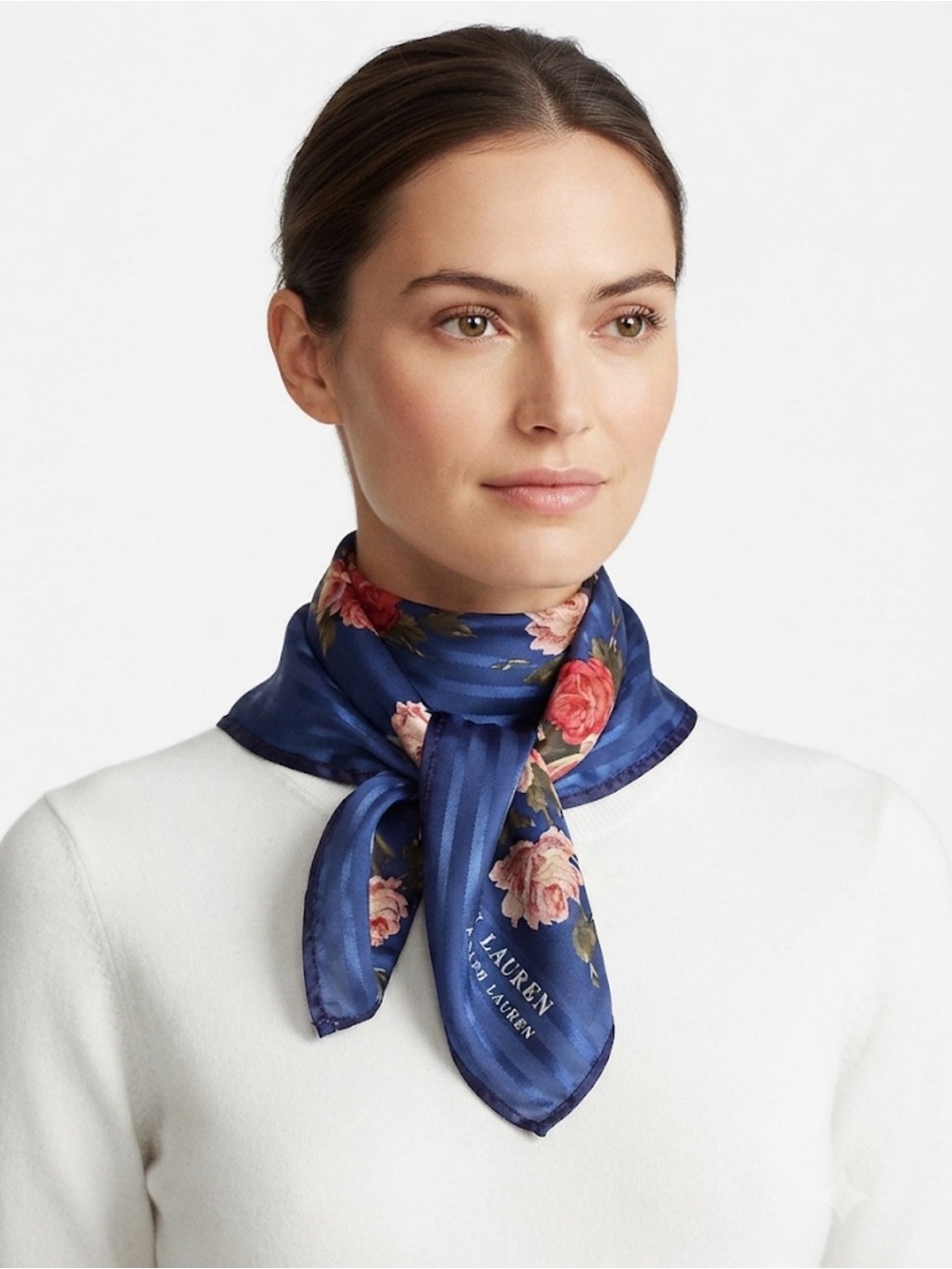Lauren Ralph Lauren Blue Silk Floral & Stripe Scarf Square Neckerchief